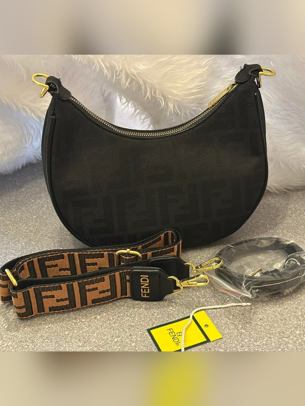Black Crescent Shoulder Bag with Gold Hardware
